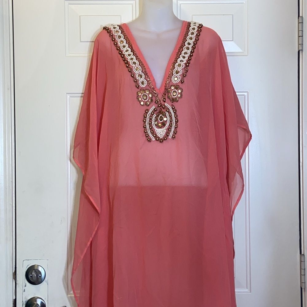 Soaked Polyester Long Beach Covetup Tunic Coral Kaftan Size L/Xl